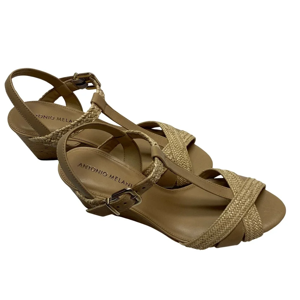 Antonio‎ Melani Tan Leather Braided T-Strap Cork Wedge Sandals Size 9M NIB